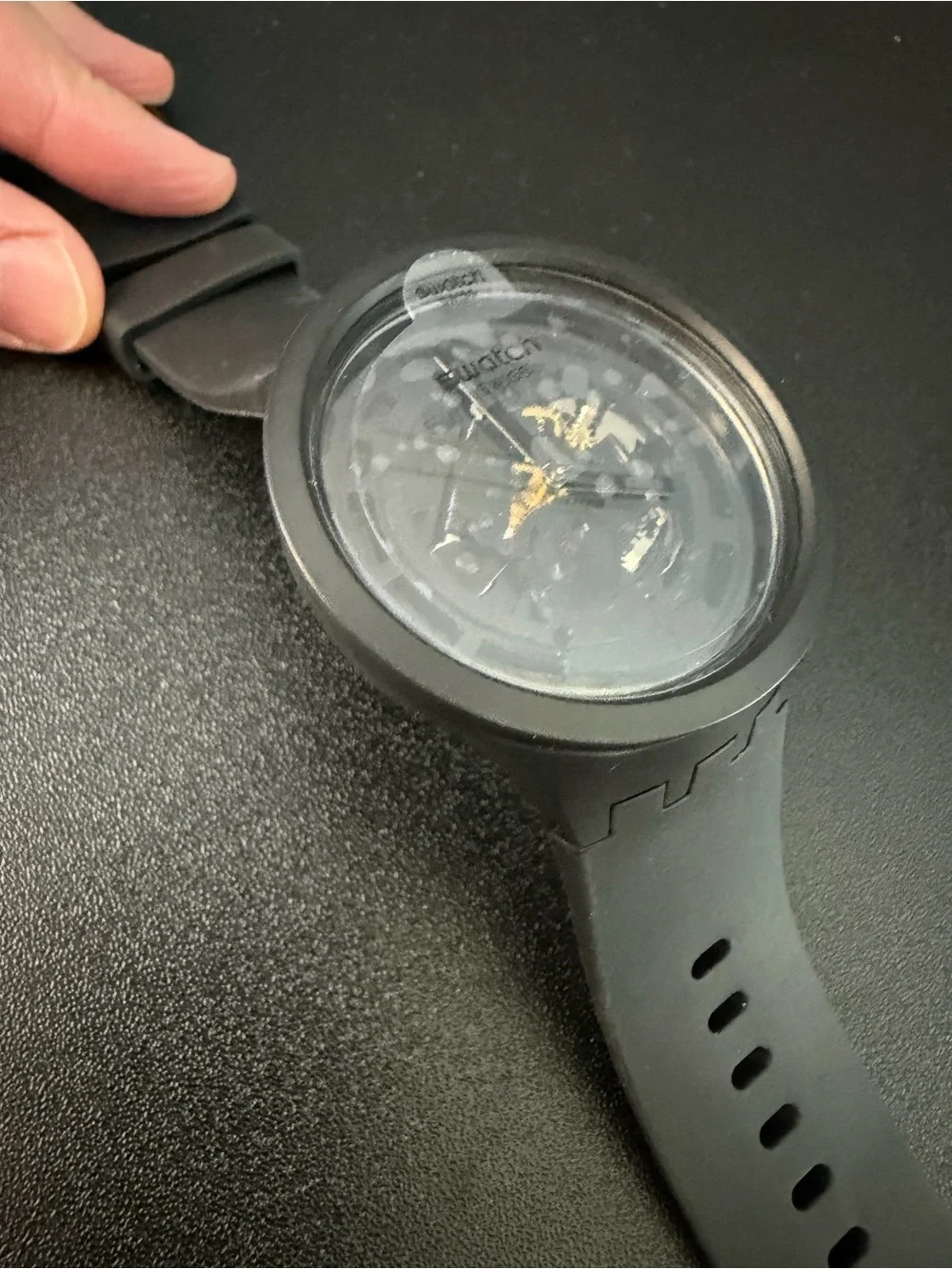 Swatch Black Silicone Skeleton Dial Watch with Gold Accents Bioceramic